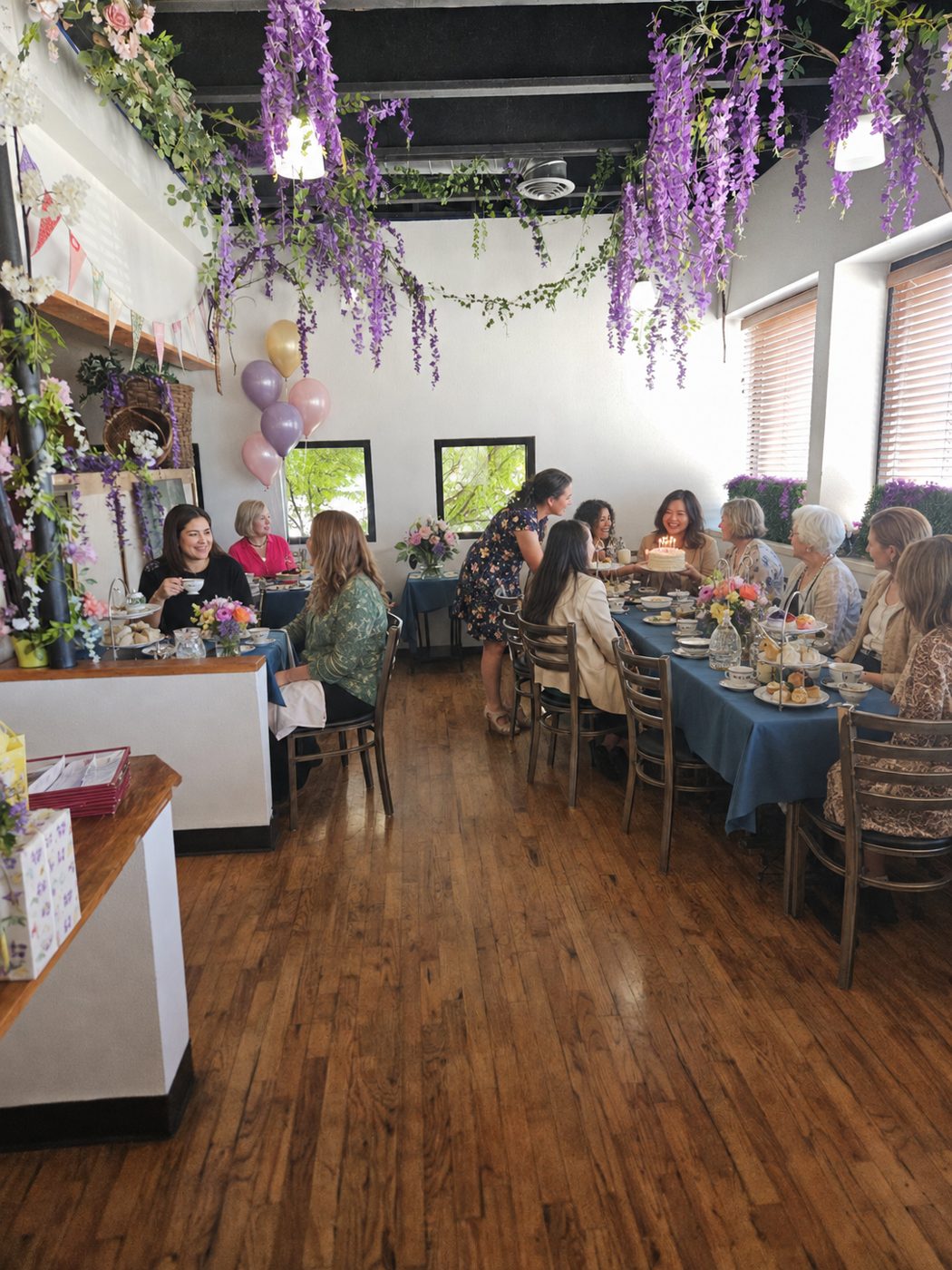 A group celebrating a birthday at a long table in the dining room, under hanging purple wisteria