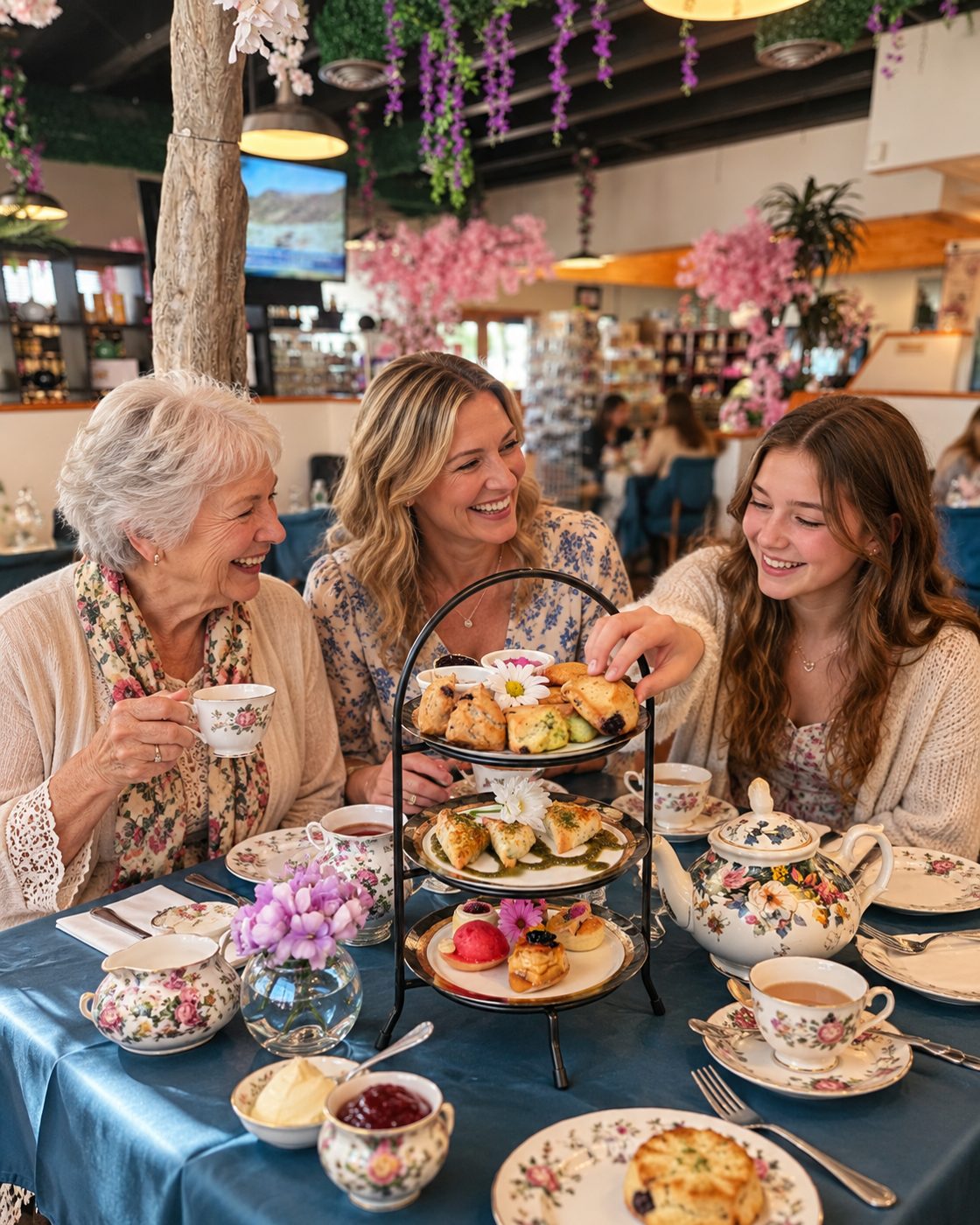 Three generations sharing a three-tiered stand of scones and savory bites at a teal-covered table