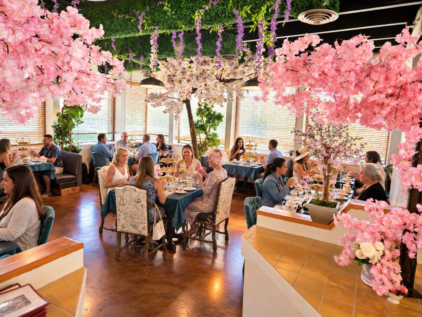 Guests enjoying afternoon tea in the dining room beneath pink cherry blossom trees and hanging wisteria